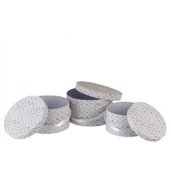 Set 3 Cutii Rotunde Tricotate Alb - Bej