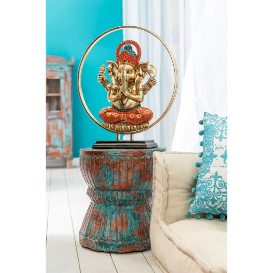 Taburet Oriental Lemn Mango Azur - Oranj