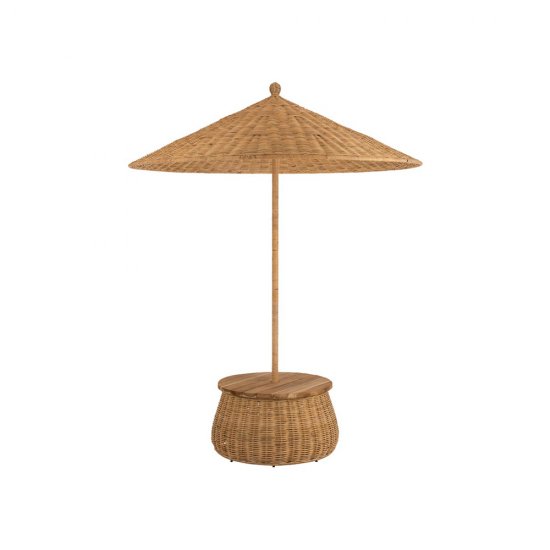 Umbrelă + Masă + Coș Depozitare Ratan + Lemn Tec Natural